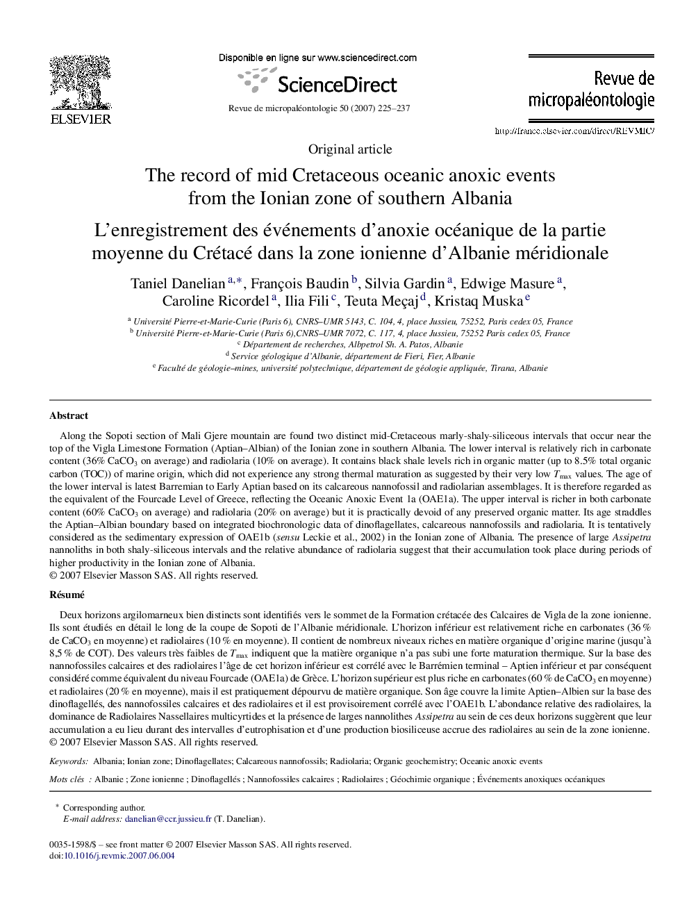 The record of mid Cretaceous oceanic anoxic events from the Ionian zone of southern Albania