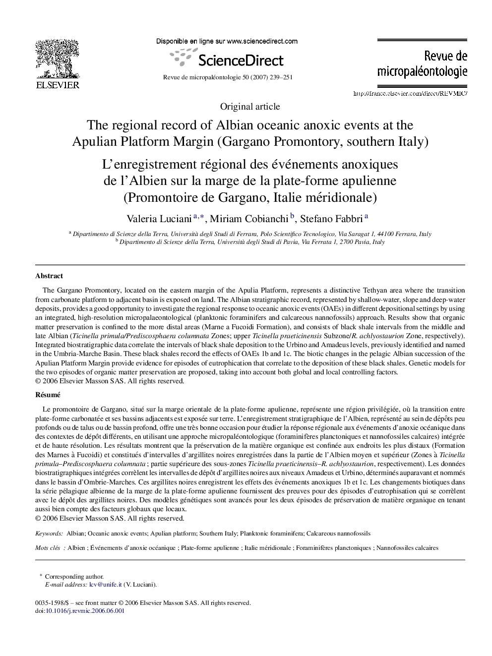 The regional record of Albian oceanic anoxic events at the Apulian Platform Margin (Gargano Promontory, southern Italy)