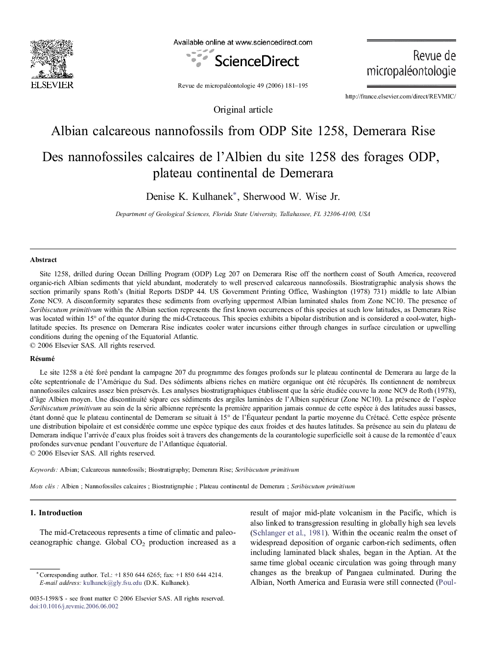 Albian calcareous nannofossils from ODP Site 1258, Demerara Rise