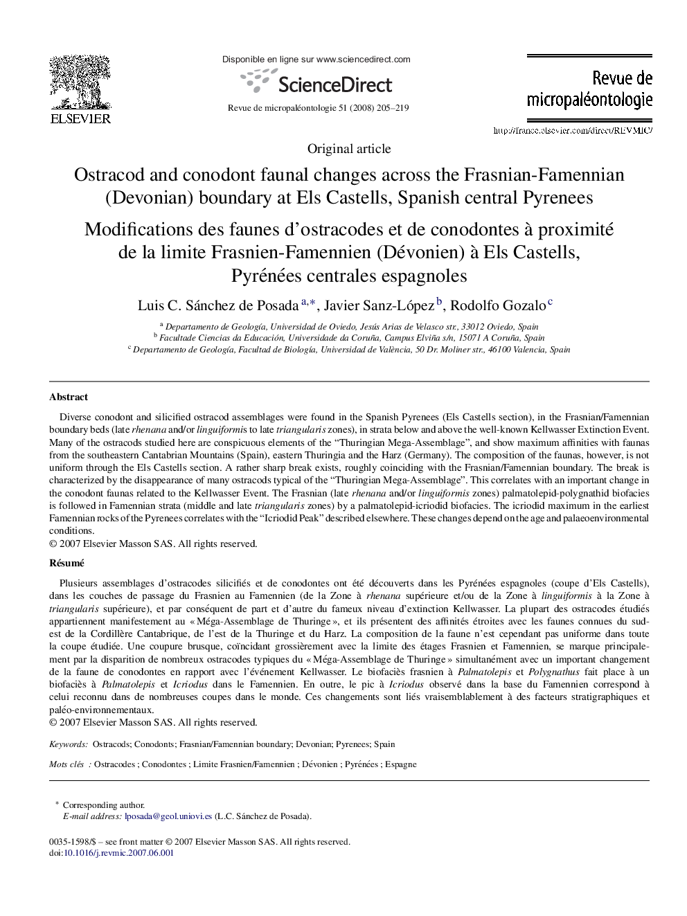 Ostracod and conodont faunal changes across the Frasnian-Famennian (Devonian) boundary at Els Castells, Spanish central Pyrenees