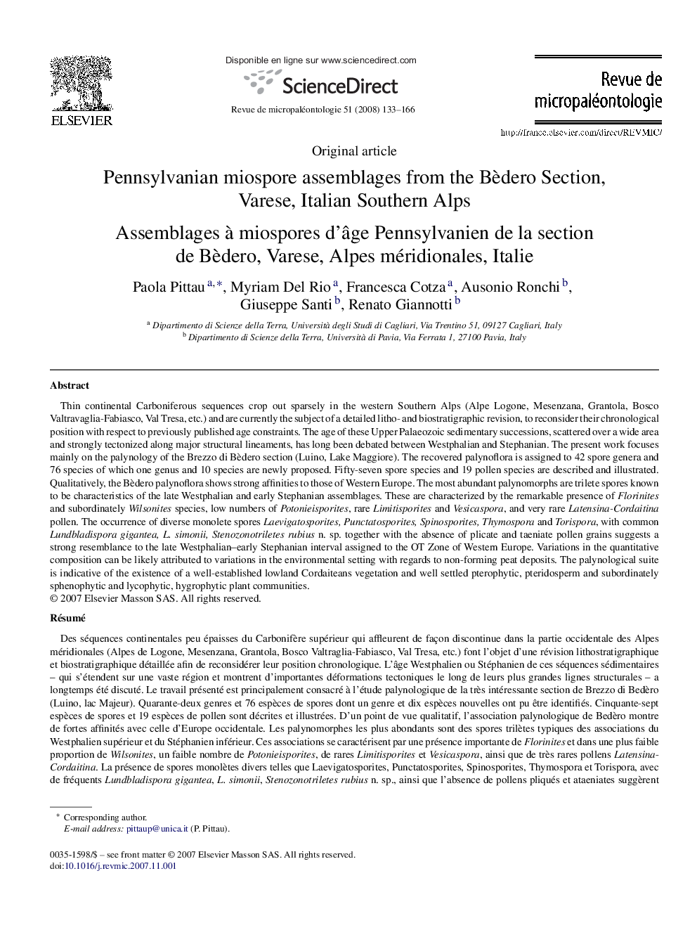 Pennsylvanian miospore assemblages from the BÃ¨dero Section, Varese, Italian Southern Alps