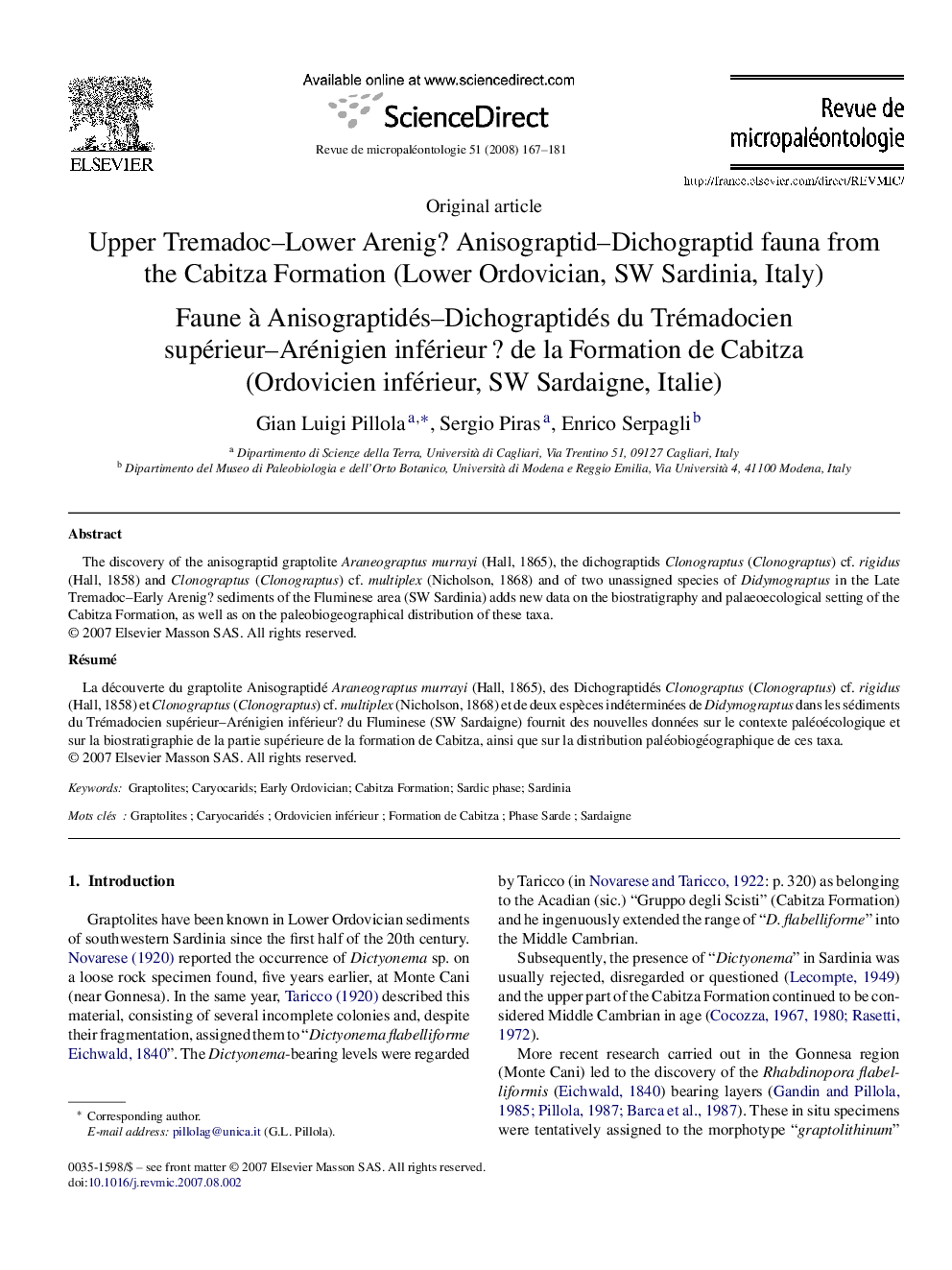 Upper Tremadoc–Lower Arenig? Anisograptid–Dichograptid fauna from the Cabitza Formation (Lower Ordovician, SW Sardinia, Italy)