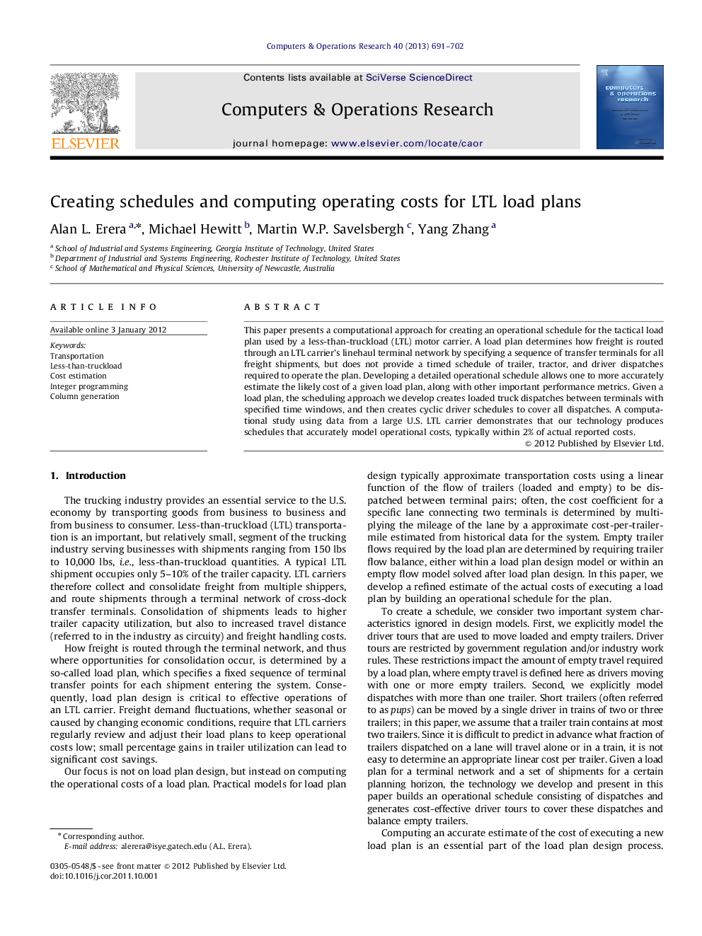 Creating schedules and computing operating costs for LTL load plans