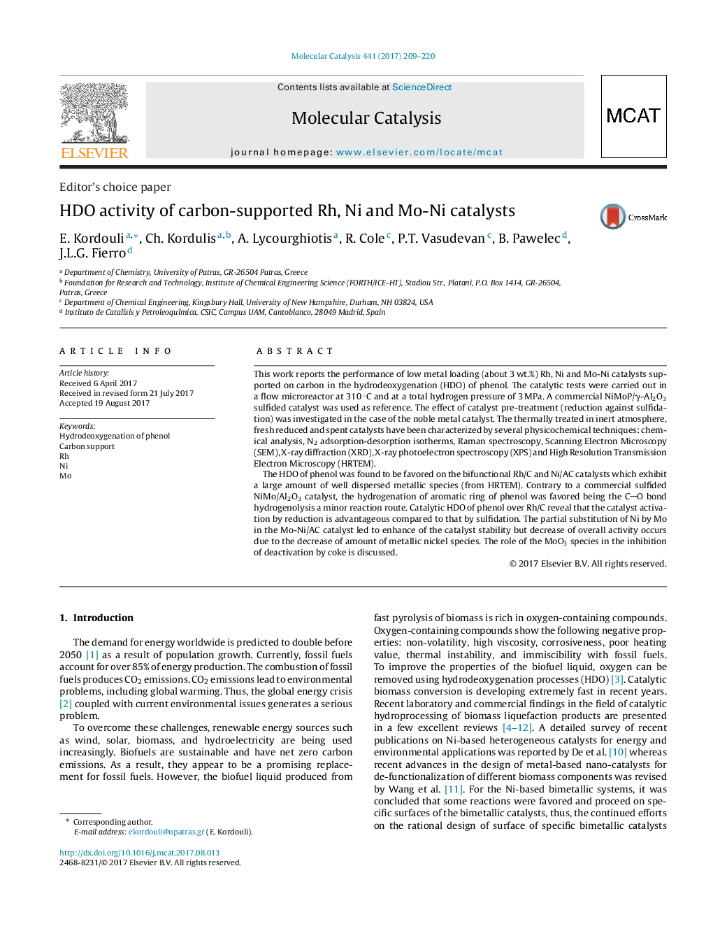 HDO activity of carbon-supported Rh, Ni and Mo-Ni catalysts