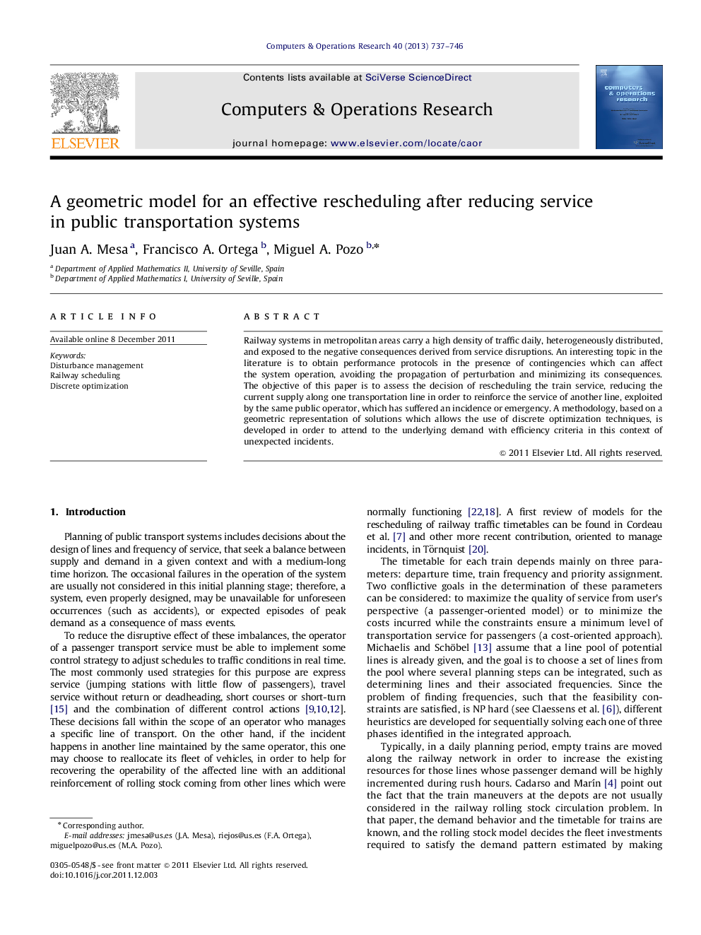 A geometric model for an effective rescheduling after reducing service in public transportation systems