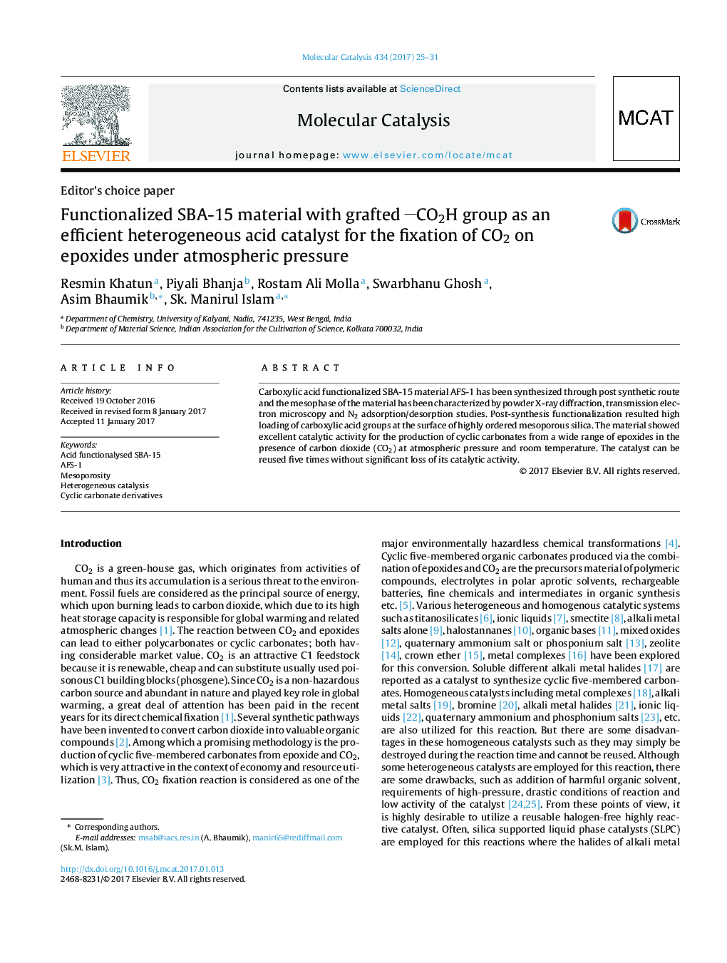 Functionalized SBA-15 material with grafted CO2H group as an efficient heterogeneous acid catalyst for the fixation of CO2 on epoxides under atmospheric pressure