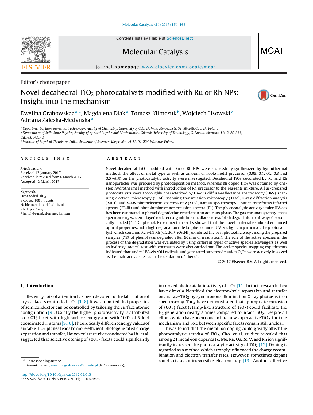 عکس صفحه اول مقاله: Novel decahedral TiO2 photocatalysts modified with Ru or Rh NPs: Insight into the mechanism Novel decahedral TiO2 photocatalysts modified with Ru or Rh NPs: Insight into the mechanism