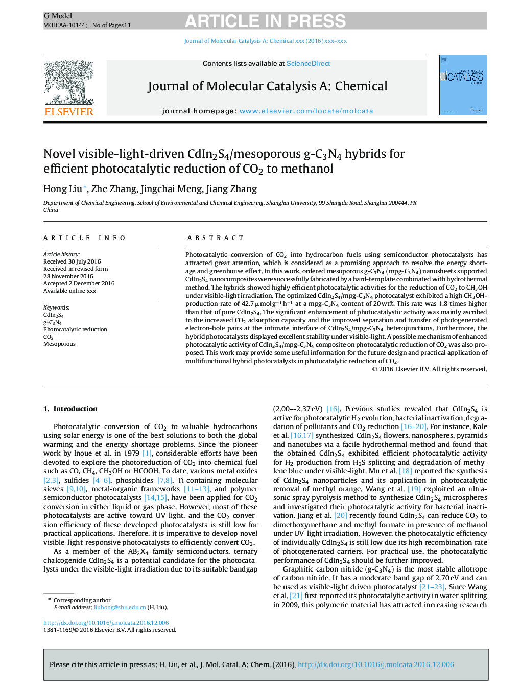 Novel visible-light-driven CdIn2S4/mesoporous g-C3N4 hybrids for efficient photocatalytic reduction of CO2 to methanol