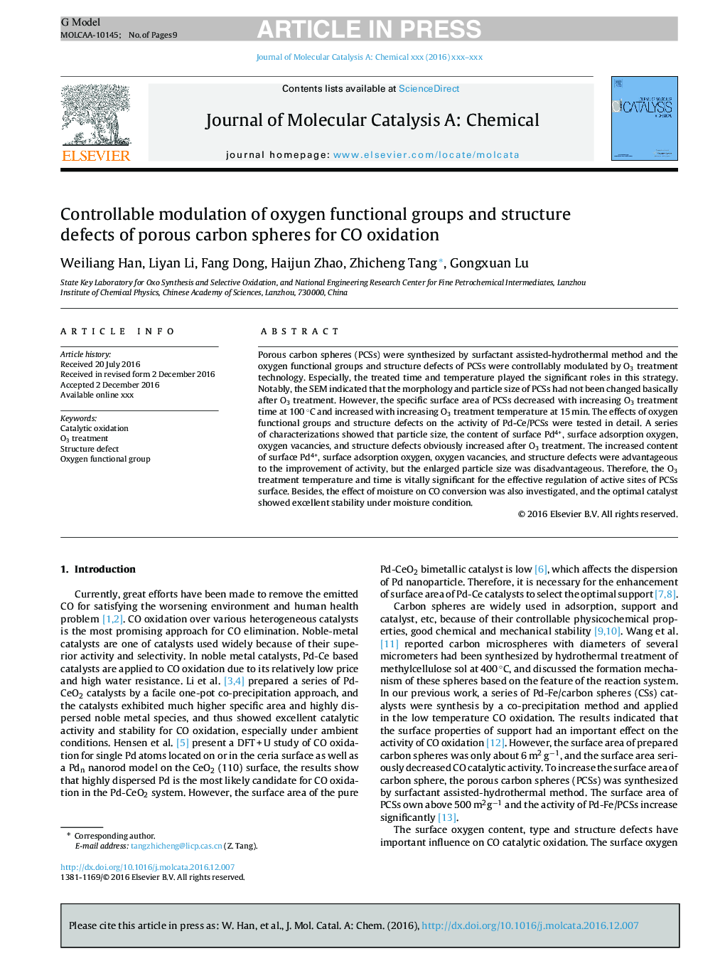 Controllable modulation of oxygen functional groups and structure defects of porous carbon spheres for CO oxidation