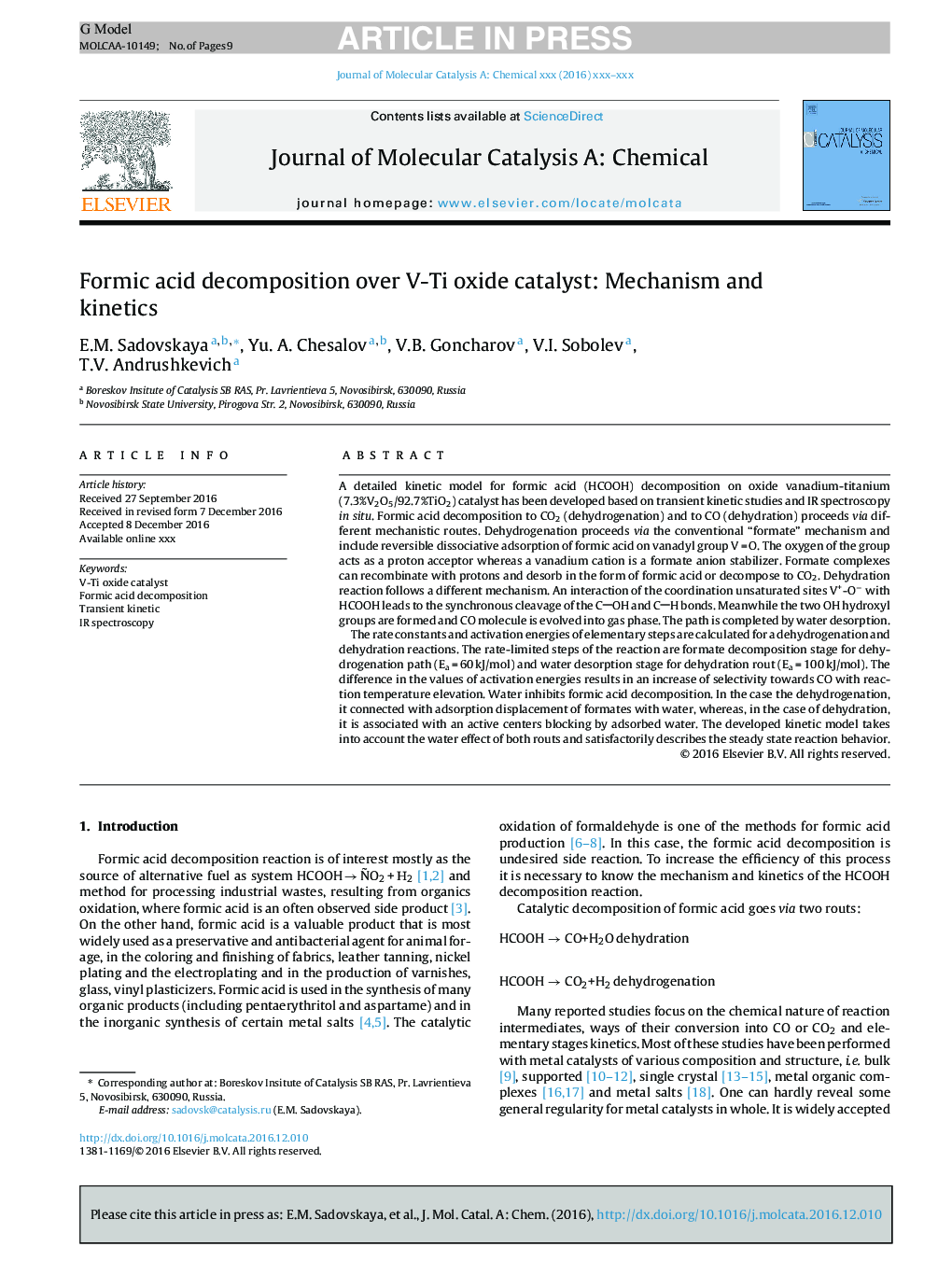 Formic acid decomposition over V-Ti oxide catalyst: Mechanism and kinetics