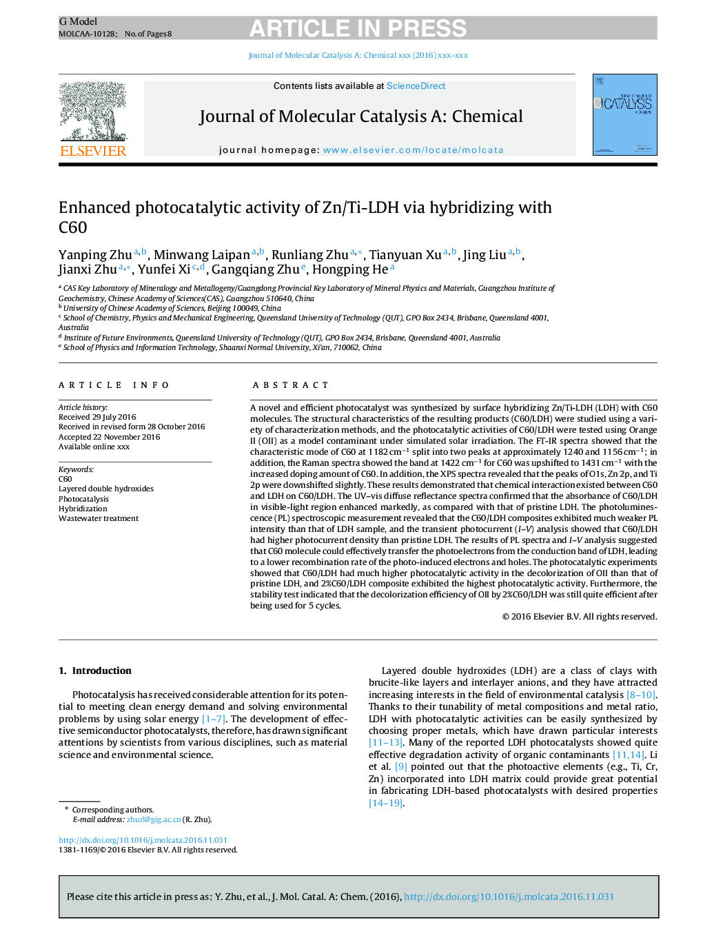 Enhanced photocatalytic activity of Zn/Ti-LDH via hybridizing with C60