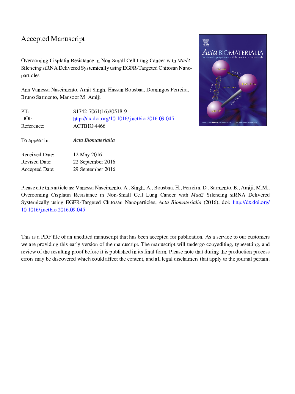 Overcoming cisplatin resistance in non-small cell lung cancer with Mad2 silencing siRNA delivered systemically using EGFR-targeted chitosan nanoparticles