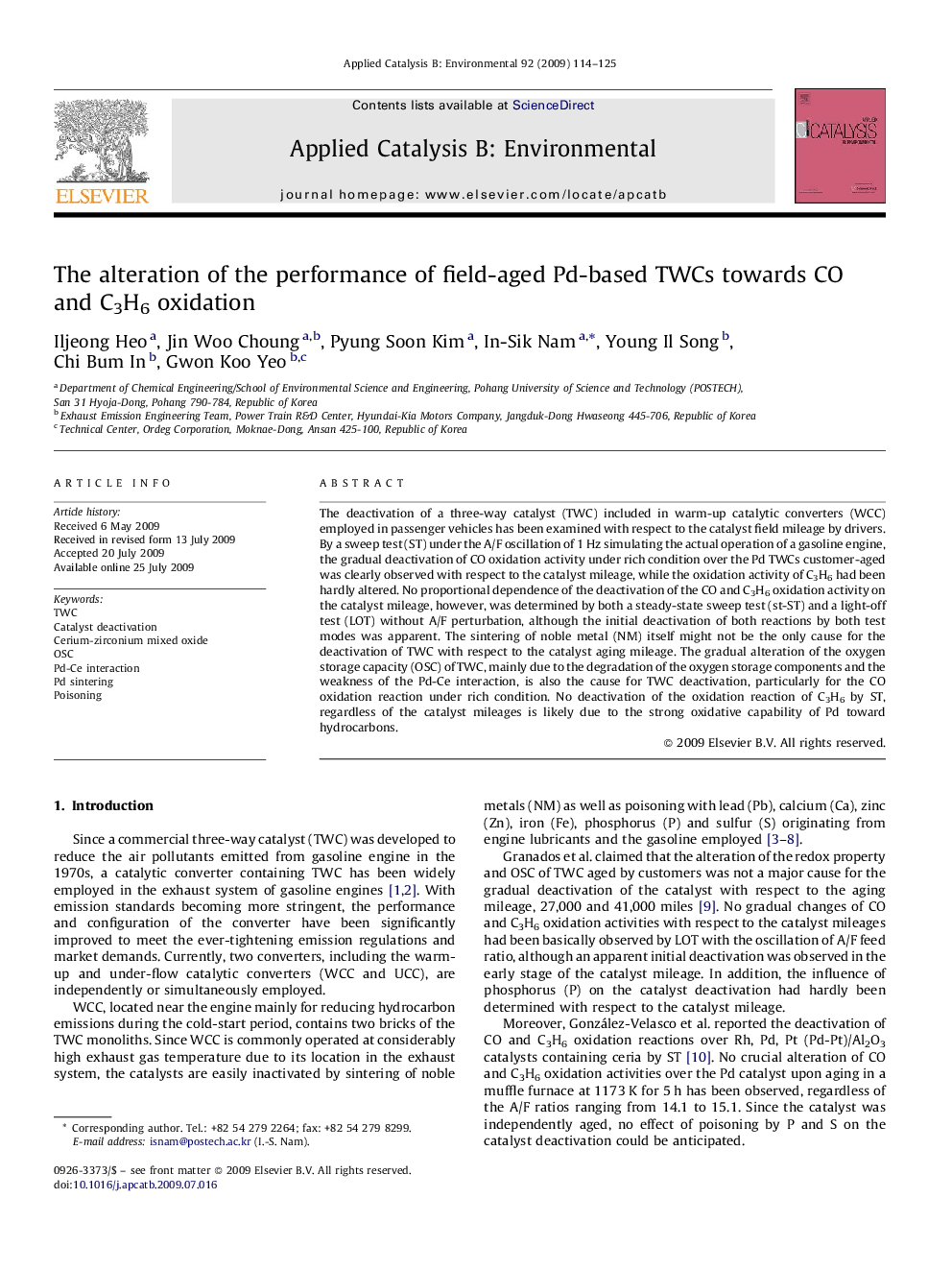 The alteration of the performance of field-aged Pd-based TWCs towards CO and C3H6 oxidation