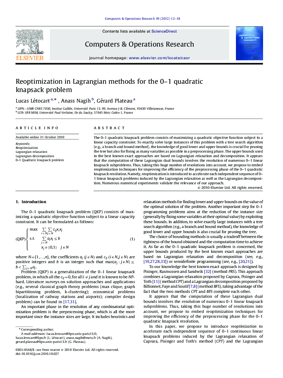 Reoptimization in Lagrangian methods for the 0–1 quadratic knapsack problem