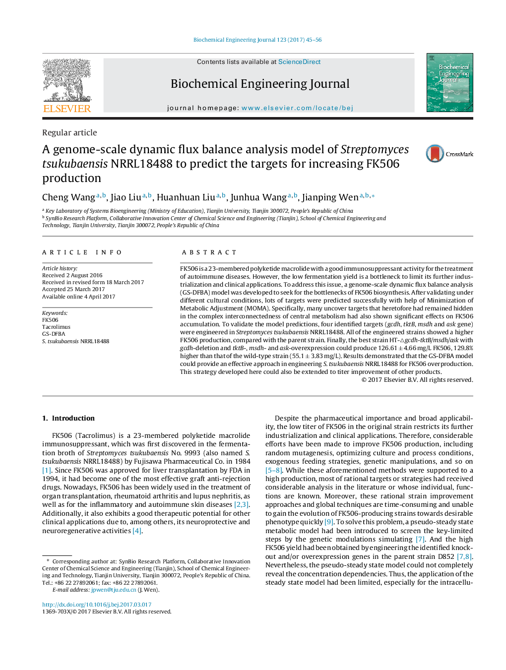 Regular articleA genome-scale dynamic flux balance analysis model of Streptomyces tsukubaensis NRRL18488 to predict the targets for increasing FK506 production