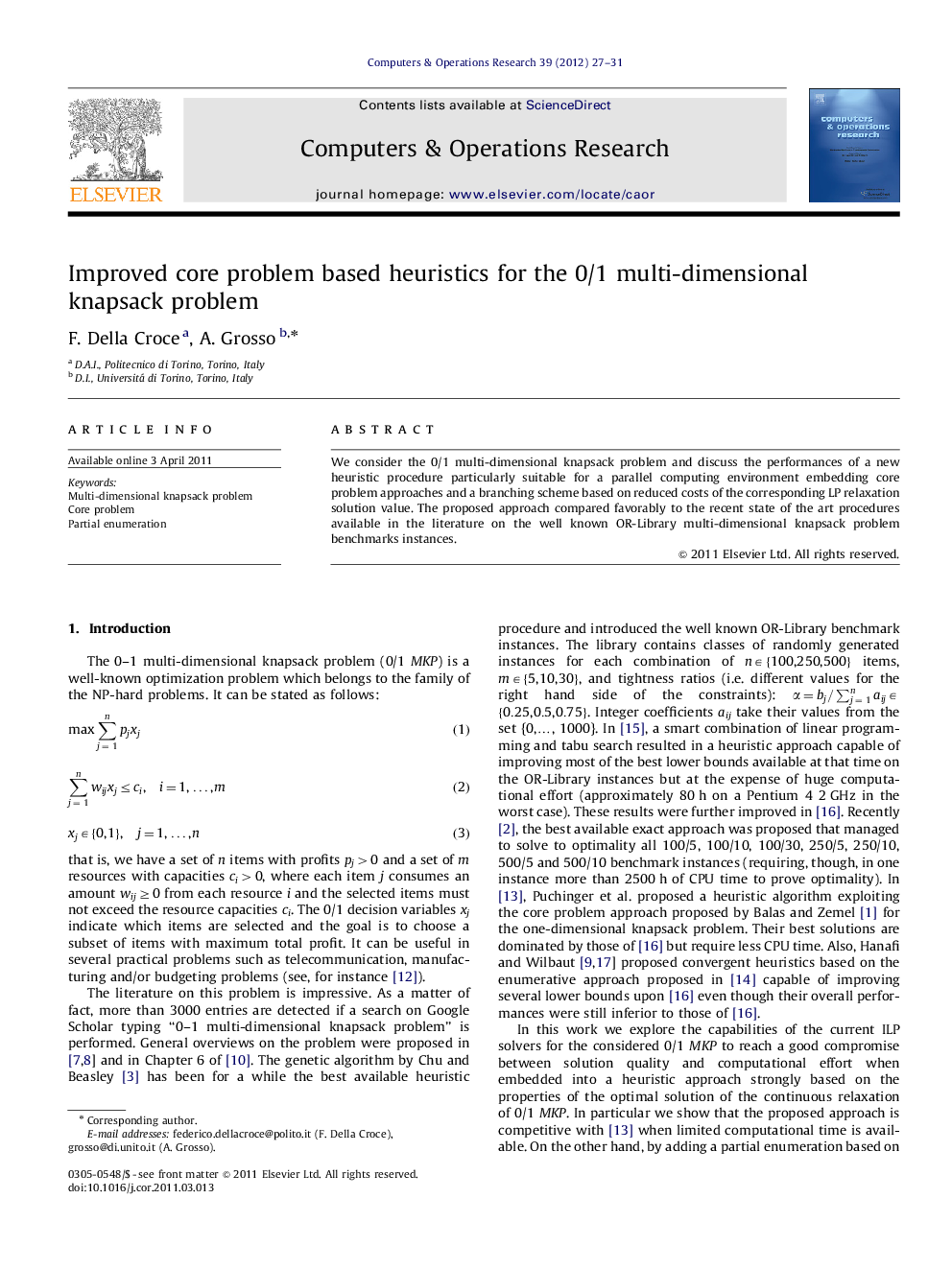 Improved core problem based heuristics for the 0/1 multi-dimensional knapsack problem