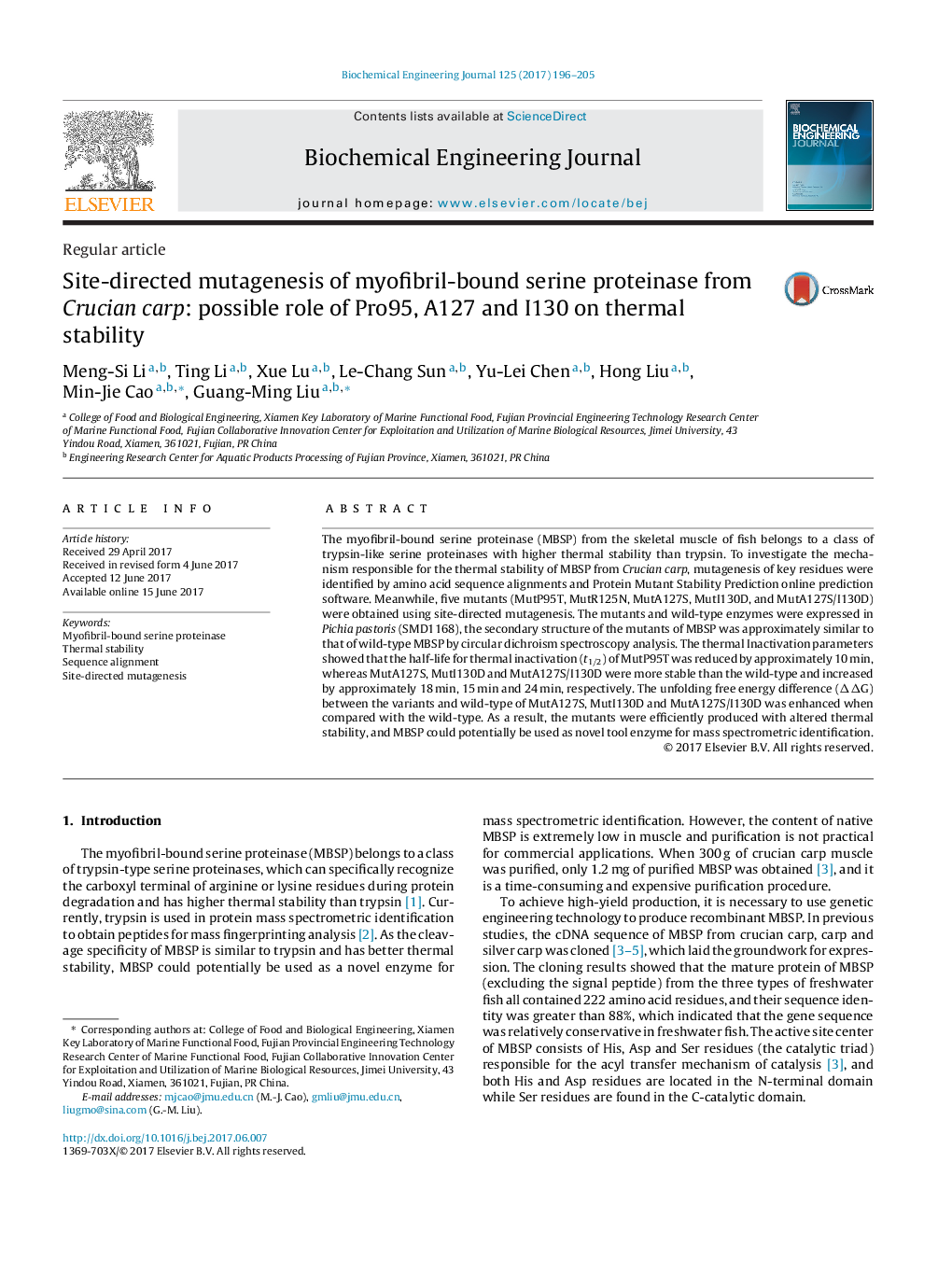 Regular articleSite-directed mutagenesis of myofibril-bound serine proteinase from Crucian carp: possible role of Pro95, A127 and I130 on thermal stability