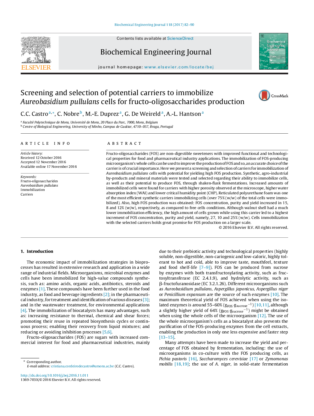 Screening and selection of potential carriers to immobilize Aureobasidium pullulans cells for fructo-oligosaccharides production