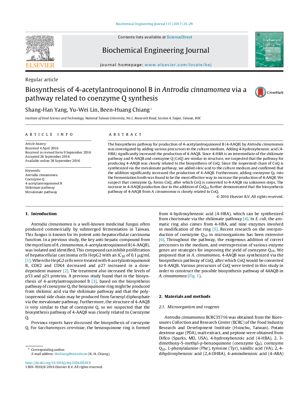 Regular articleBiosynthesis of 4-acetylantroquinonol B in Antrodia cinnamomea via a pathway related to coenzyme Q synthesis