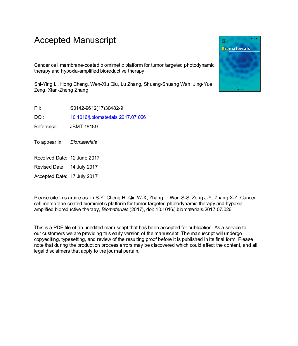 Cancer cell membrane-coated biomimetic platform for tumor targeted photodynamic therapy and hypoxia-amplified bioreductive therapy