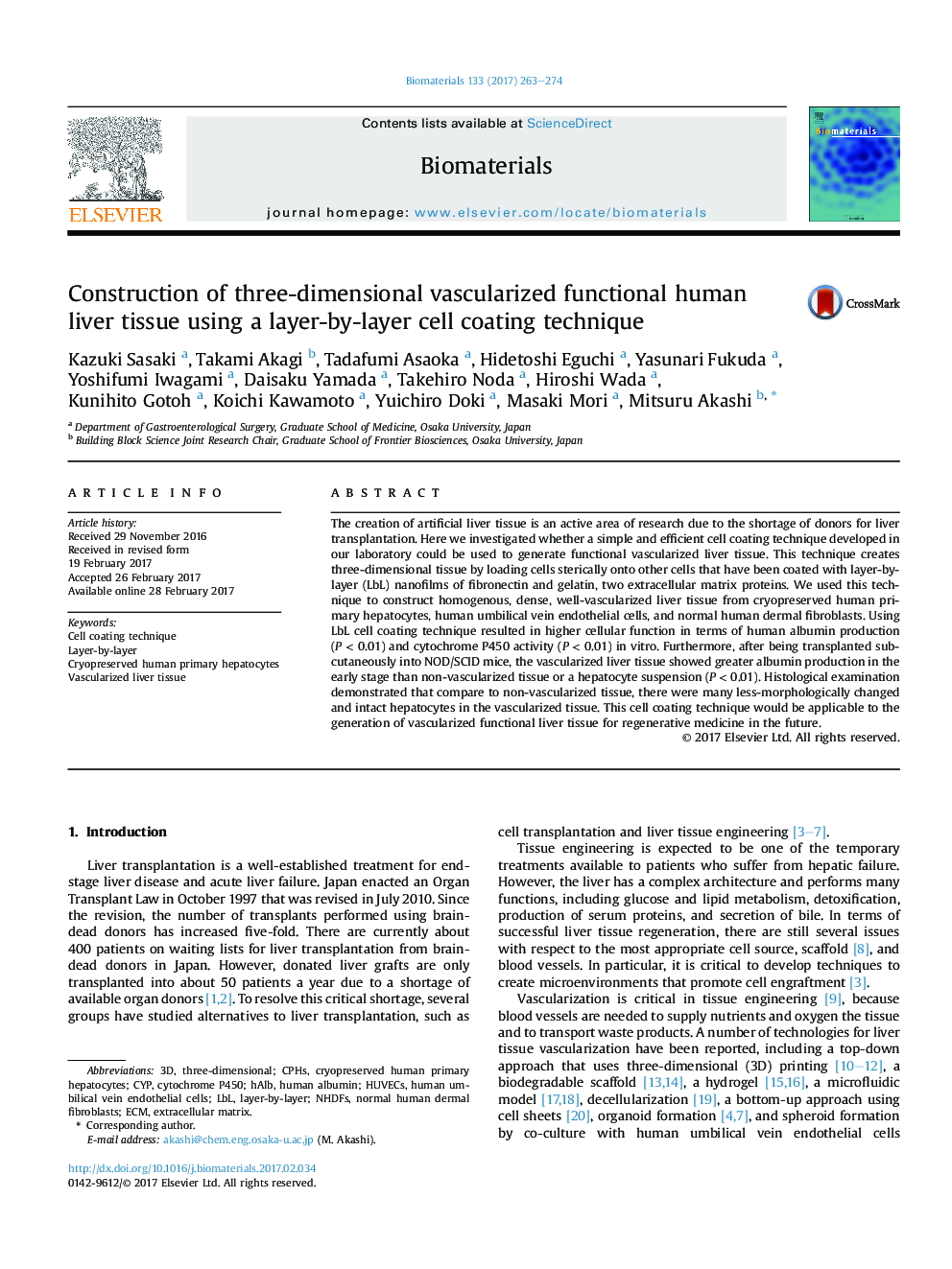 Construction of three-dimensional vascularized functional human liver tissue using a layer-by-layer cell coating technique