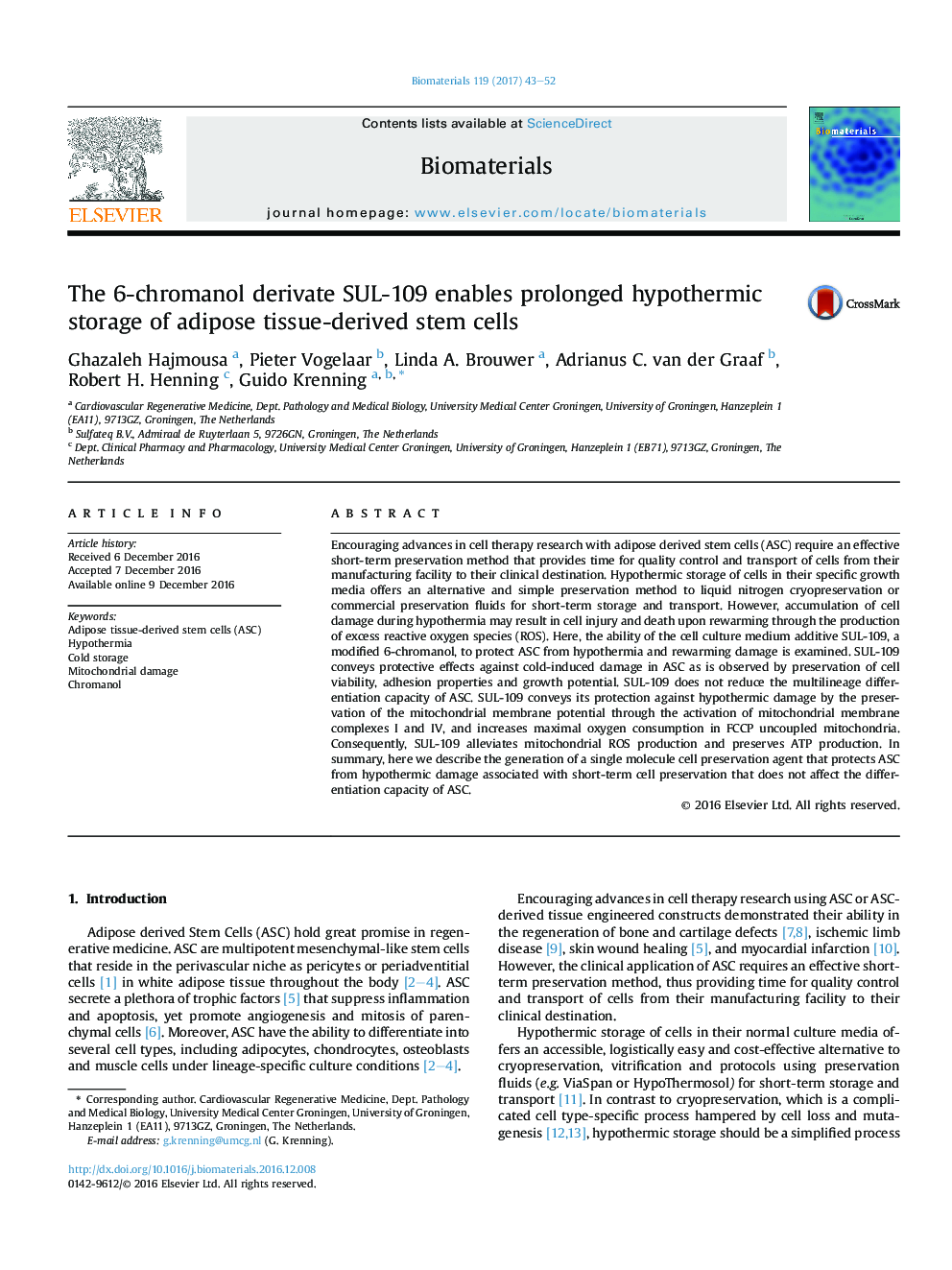 The 6-chromanol derivate SUL-109 enables prolonged hypothermic storage of adipose tissue-derived stem cells