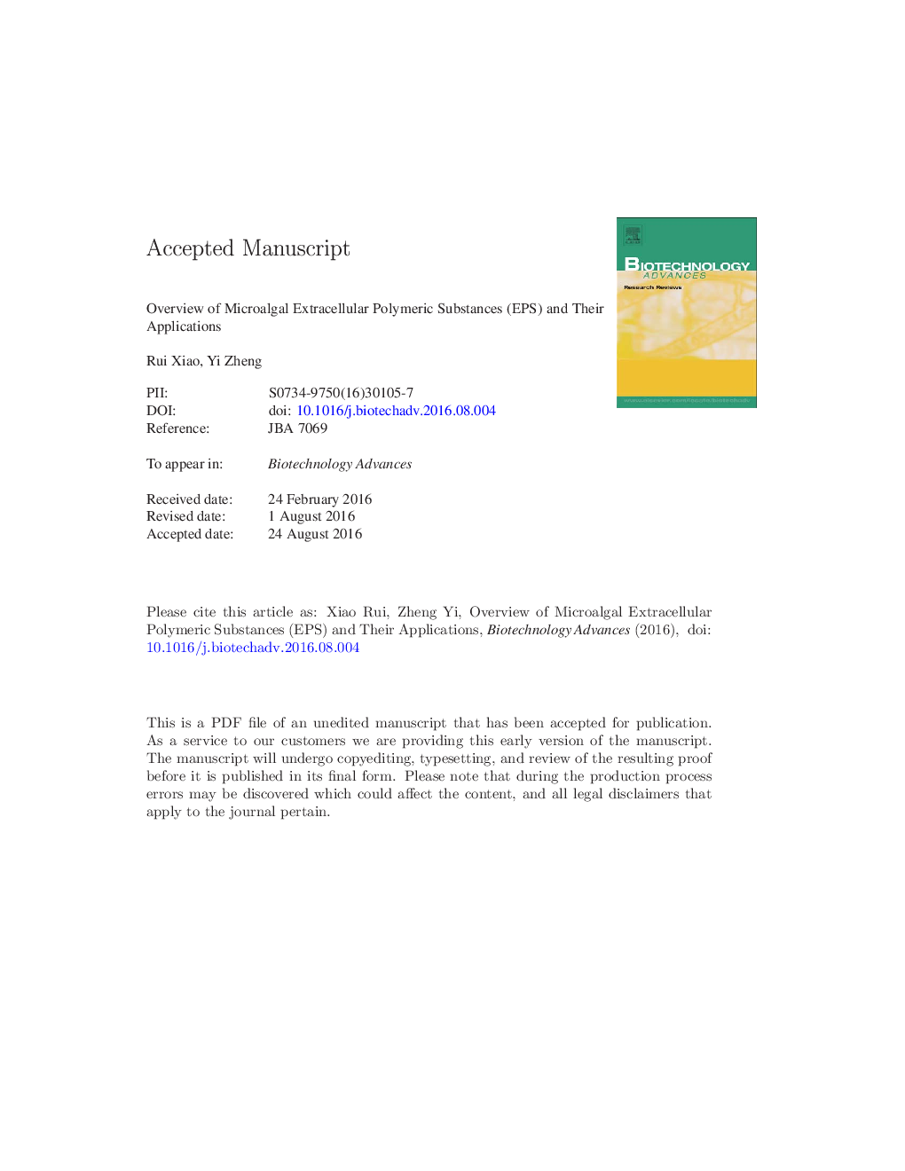 Overview of microalgal extracellular polymeric substances (EPS) and their applications