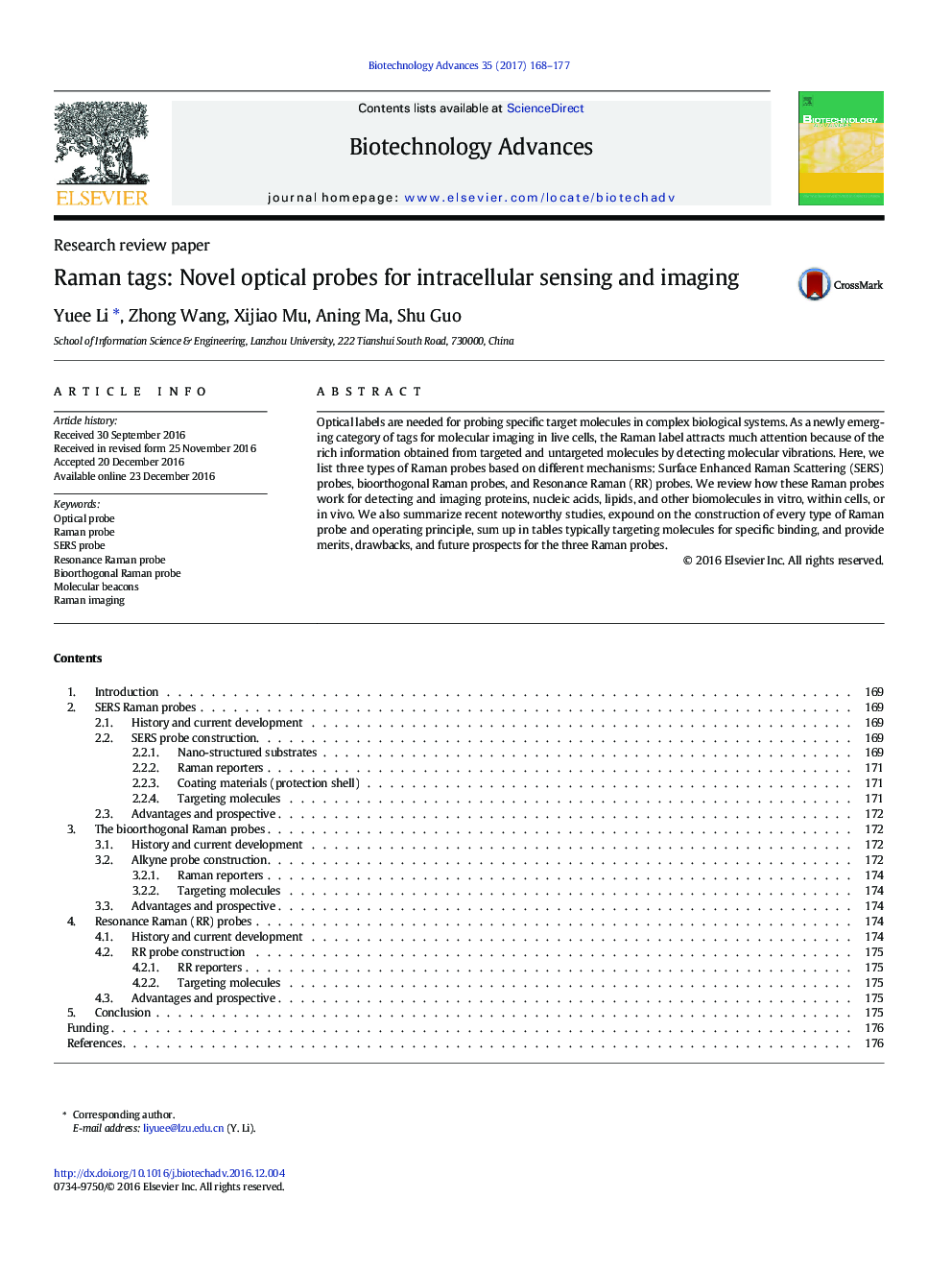 Research review paperRaman tags: Novel optical probes for intracellular sensing and imaging