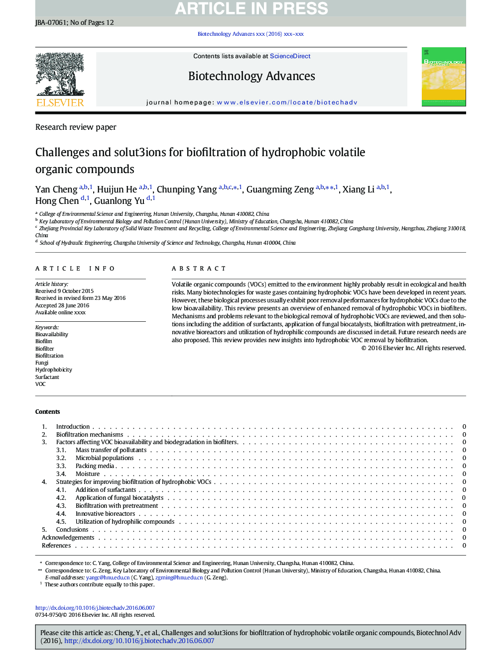 Challenges and solutions for biofiltration of hydrophobic volatile organic compounds