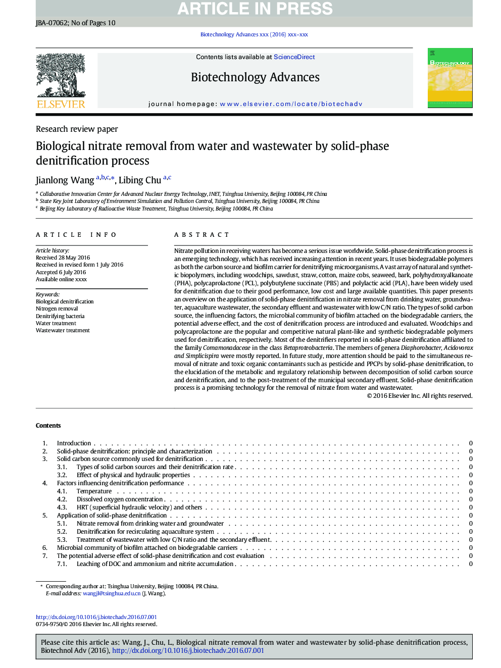 Biological nitrate removal from water and wastewater by solid-phase denitrification process