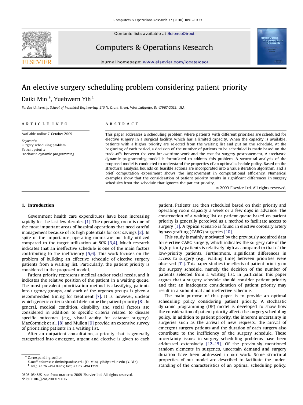 An elective surgery scheduling problem considering patient priority