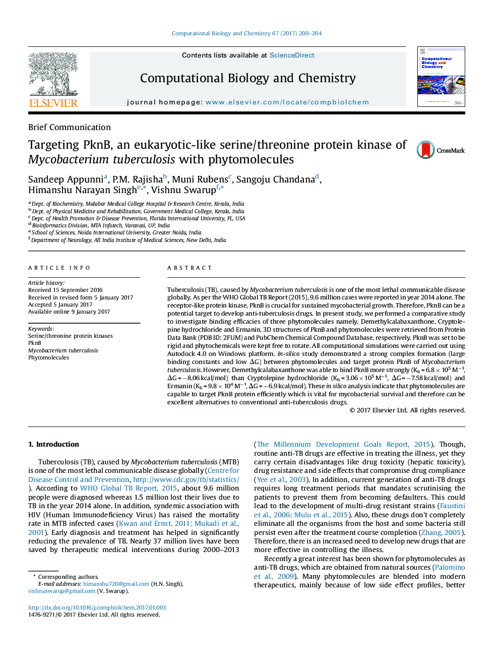 Brief CommunicationTargeting PknB, an eukaryotic-like serine/threonine protein kinase of Mycobacterium tuberculosis with phytomolecules