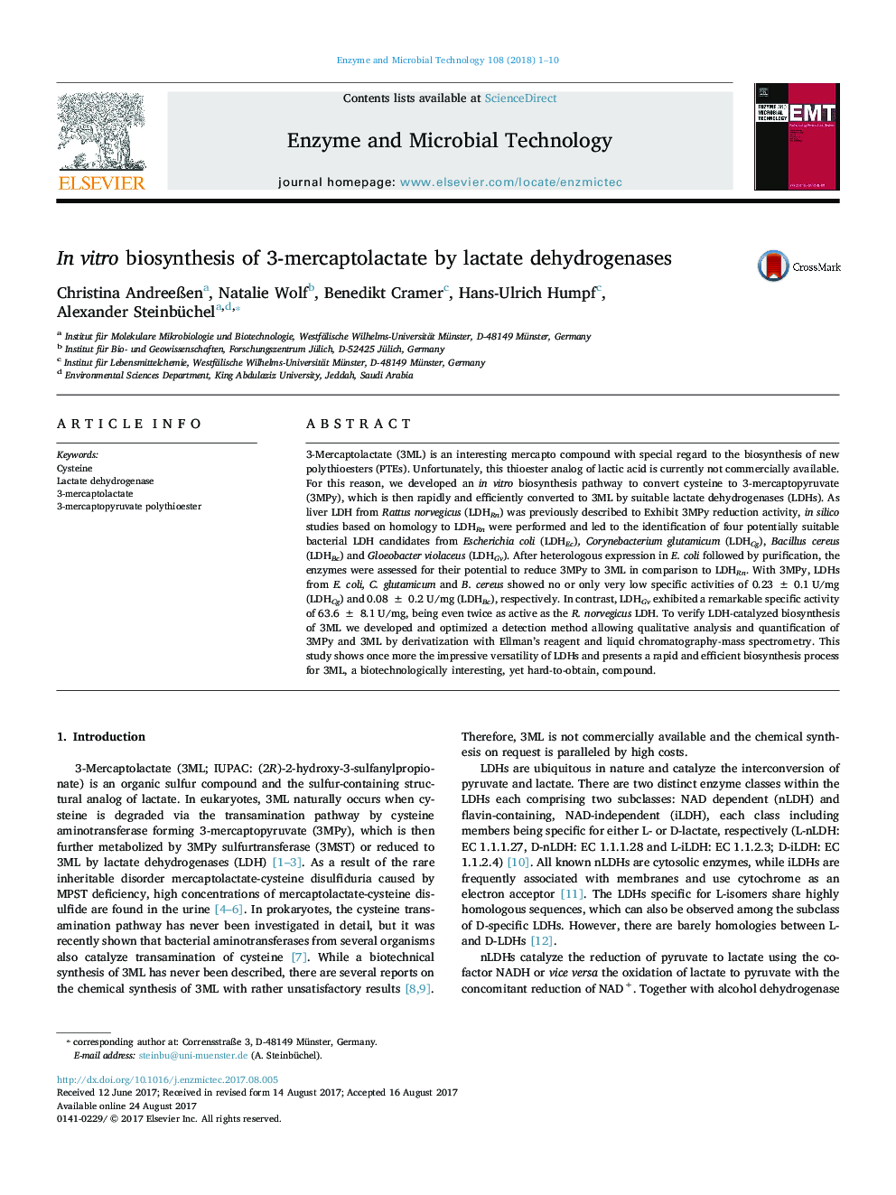 In vitro biosynthesis of 3-mercaptolactate by lactate dehydrogenases