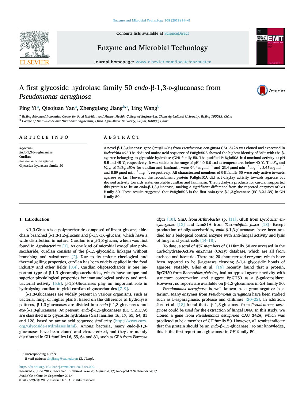 A first glycoside hydrolase family 50 endo-Î²-1,3-d-glucanase from Pseudomonas aeruginosa