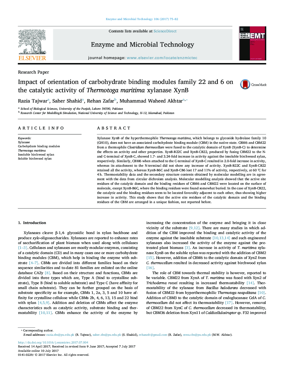 Research PaperImpact of orientation of carbohydrate binding modules family 22 and 6 on the catalytic activity of Thermotoga maritima xylanase XynB