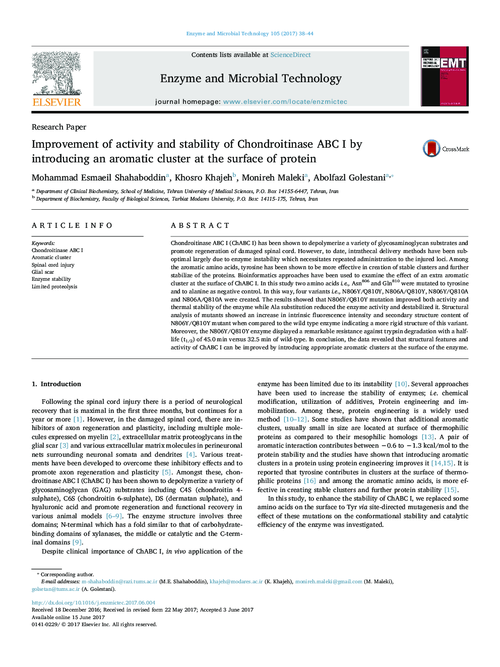 Research PaperImprovement of activity and stability of Chondroitinase ABC I by introducing an aromatic cluster at the surface of protein