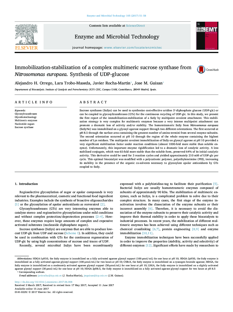 Immobilization-stabilization of a complex multimeric sucrose synthase from Nitrosomonas europaea. Synthesis of UDP-glucose