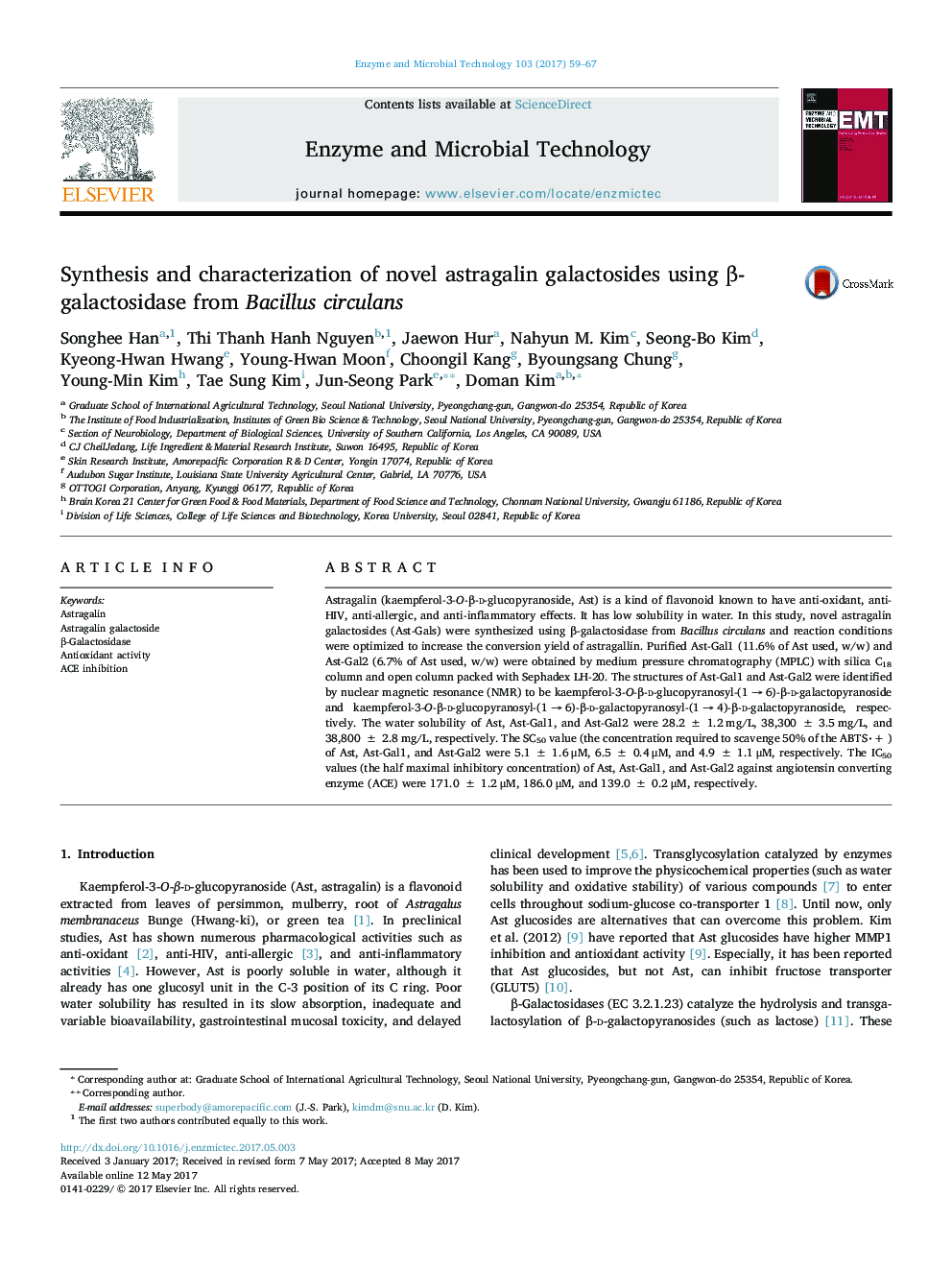 Synthesis and characterization of novel astragalin galactosides using Î²-galactosidase from Bacillus circulans