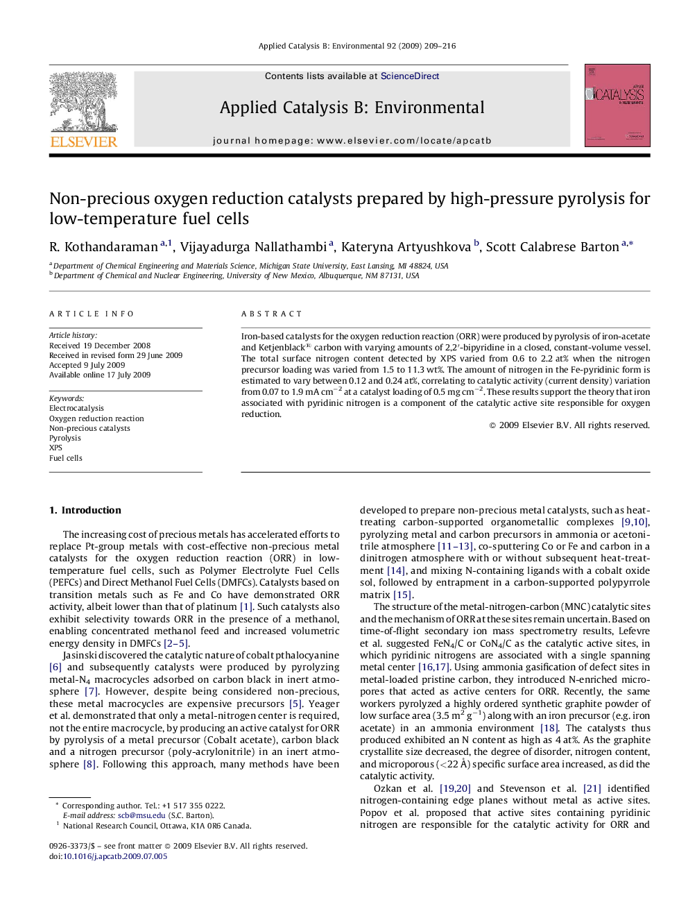 Non-precious oxygen reduction catalysts prepared by high-pressure pyrolysis for low-temperature fuel cells