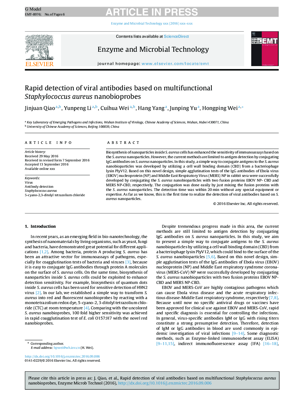 Rapid detection of viral antibodies based on multifunctional Staphylococcus aureus nanobioprobes