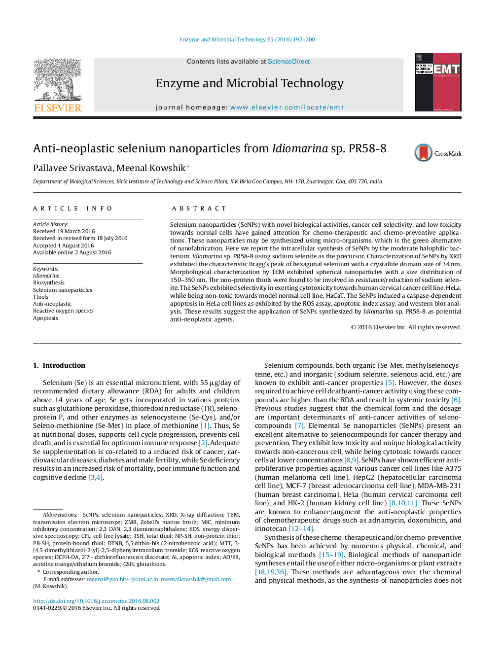 Anti-neoplastic selenium nanoparticles from Idiomarina sp. PR58-8