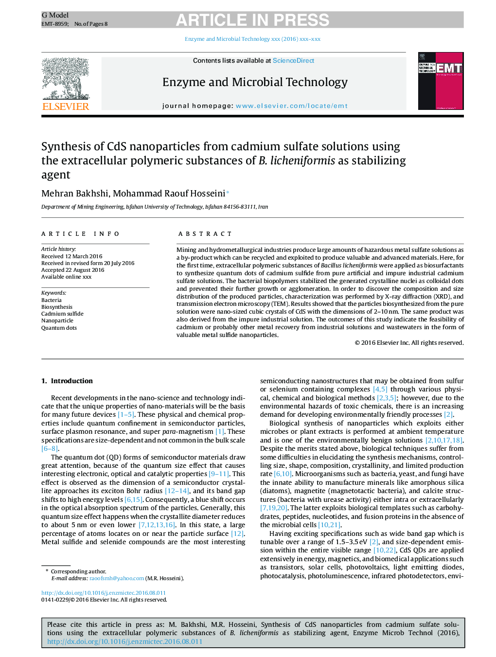 Synthesis of CdS nanoparticles from cadmium sulfate solutions using the extracellular polymeric substances of B. licheniformis as stabilizing agent