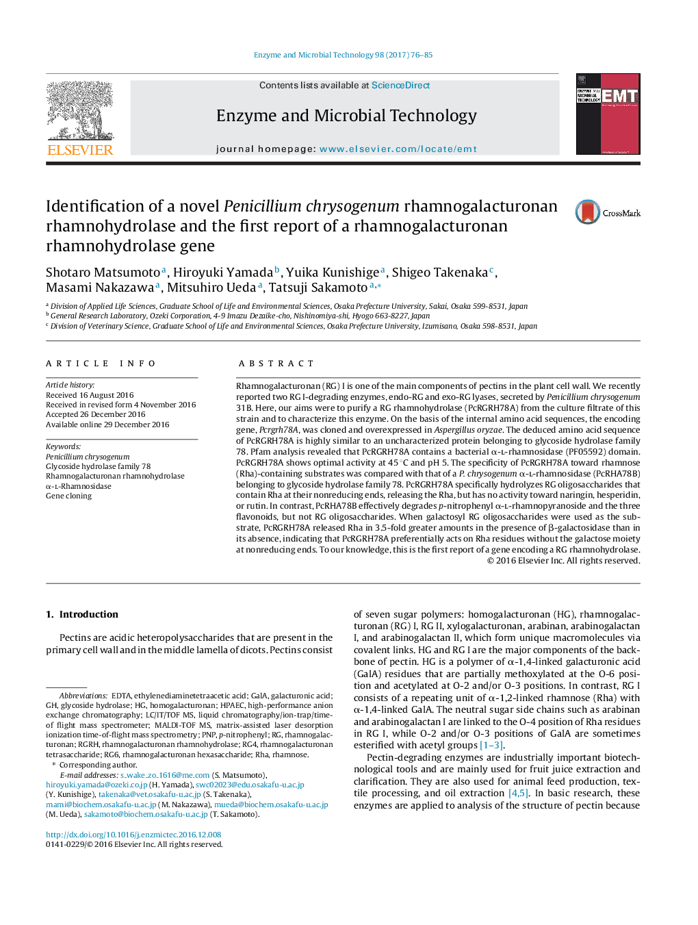 Identification of a novel Penicillium chrysogenum rhamnogalacturonan rhamnohydrolase and the first report of a rhamnogalacturonan rhamnohydrolase gene