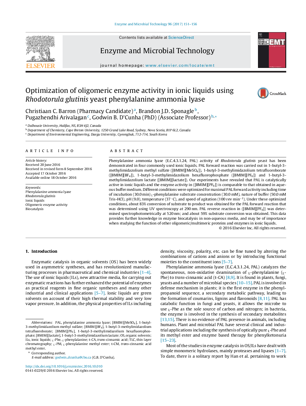 Optimization of oligomeric enzyme activity in ionic liquids using Rhodotorula glutinis yeast phenylalanine ammonia lyase