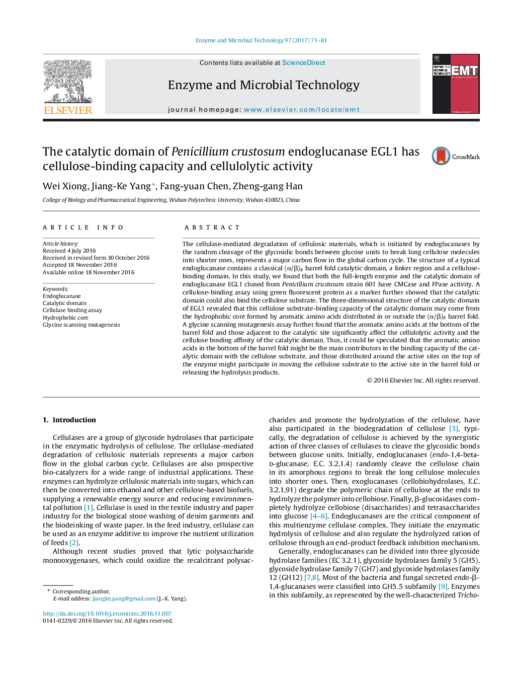 عکس صفحه اول مقاله: The catalytic domain of Penicillium crustosum endoglucanase EGL1 has cellulose-binding capacity and cellulolytic activity The catalytic domain of Penicillium crustosum endoglucanase EGL1 has cellulose-binding capacity and cellulolytic activity