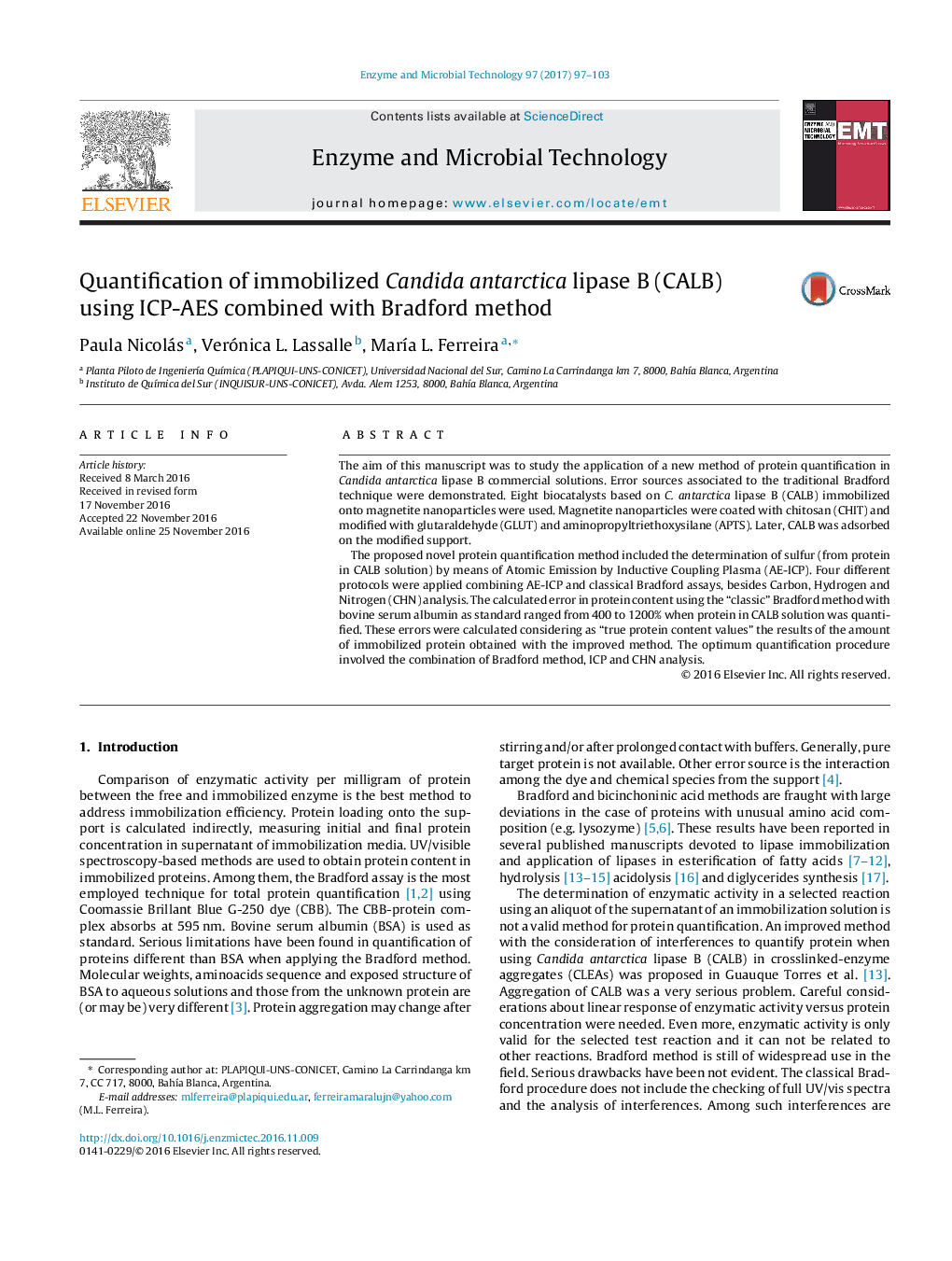 Quantification of immobilized Candida antarctica lipase B (CALB) using ICP-AES combined with Bradford method