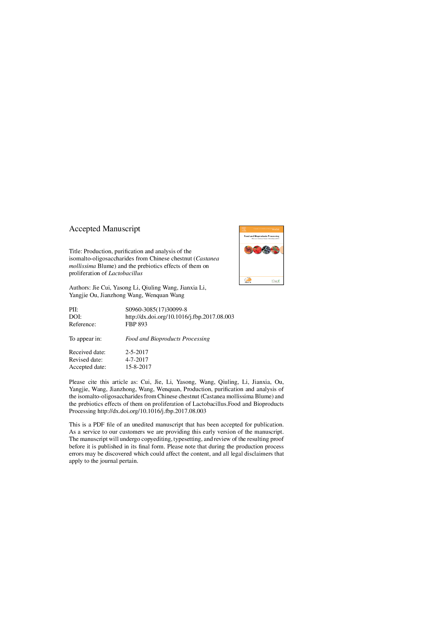 Production, purification and analysis of the isomalto-oligosaccharides from Chinese chestnut (Castanea mollissima Blume) and the prebiotics effects of them on proliferation of Lactobacillus