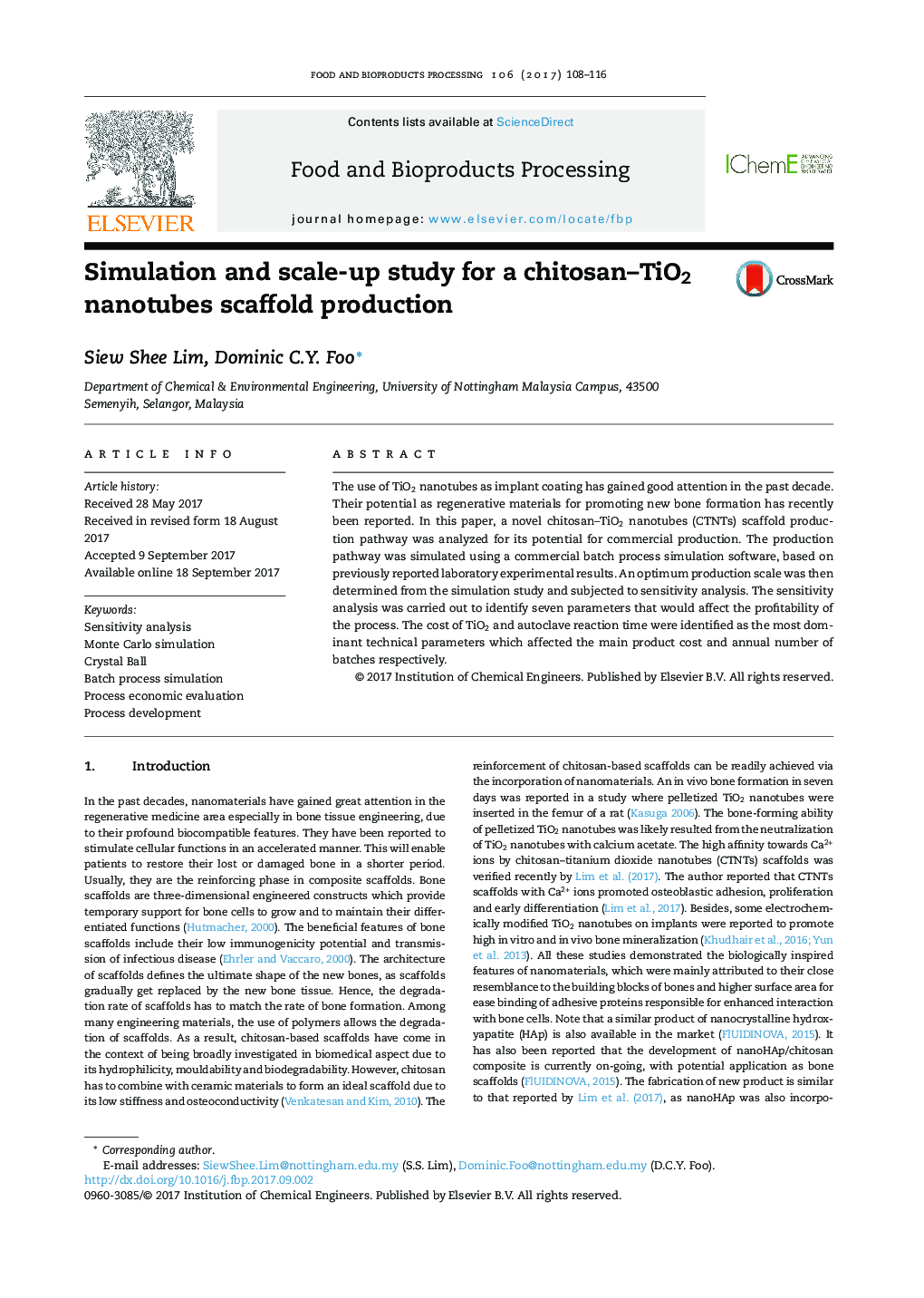 Simulation and scale-up study for a chitosan-TiO2 nanotubes scaffold production