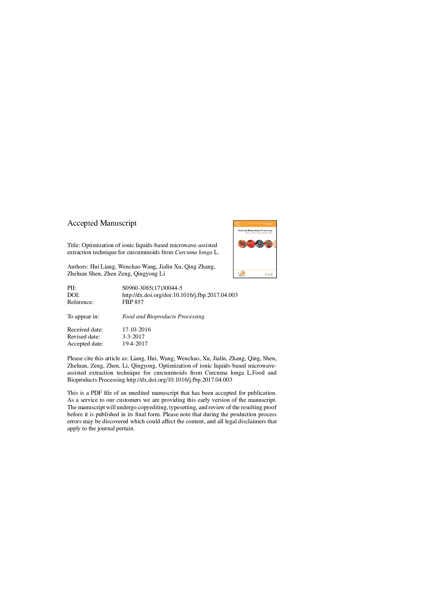 Optimization of ionic liquid-based microwave-assisted extraction technique for curcuminoids from Curcuma longa L.