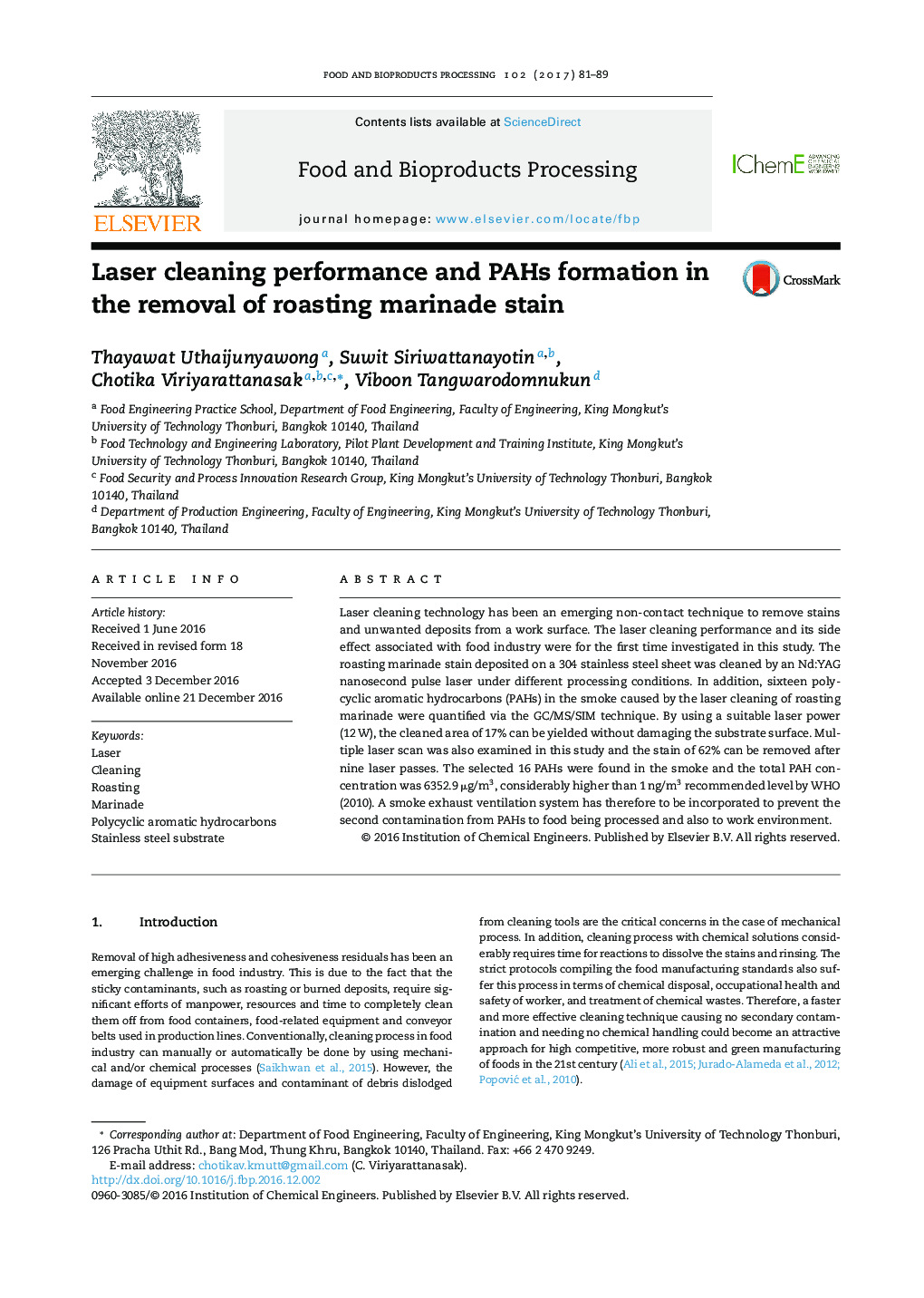 Laser cleaning performance and PAHs formation in the removal of roasting marinade stain